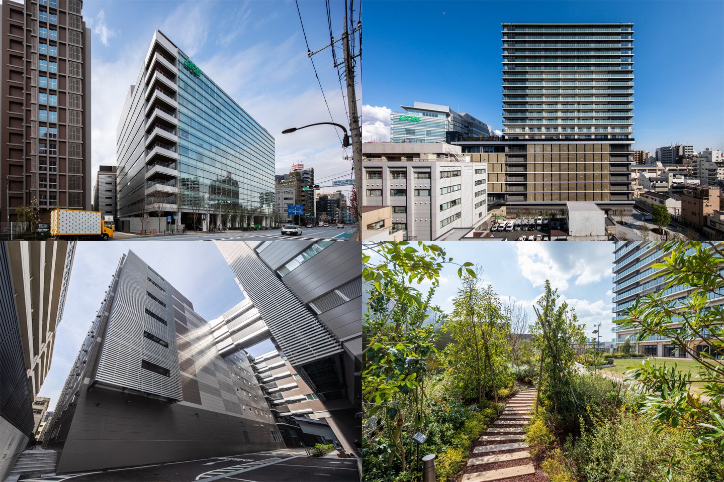 左上から時計回りに、ＪＰライオンビルディング、住宅棟、屋上庭園、物流棟